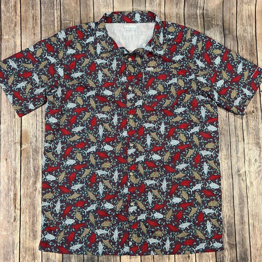 Columbia PFG Fish Print Vented Short Sleeve Button Shirt XLT Mens Red Blue AOP